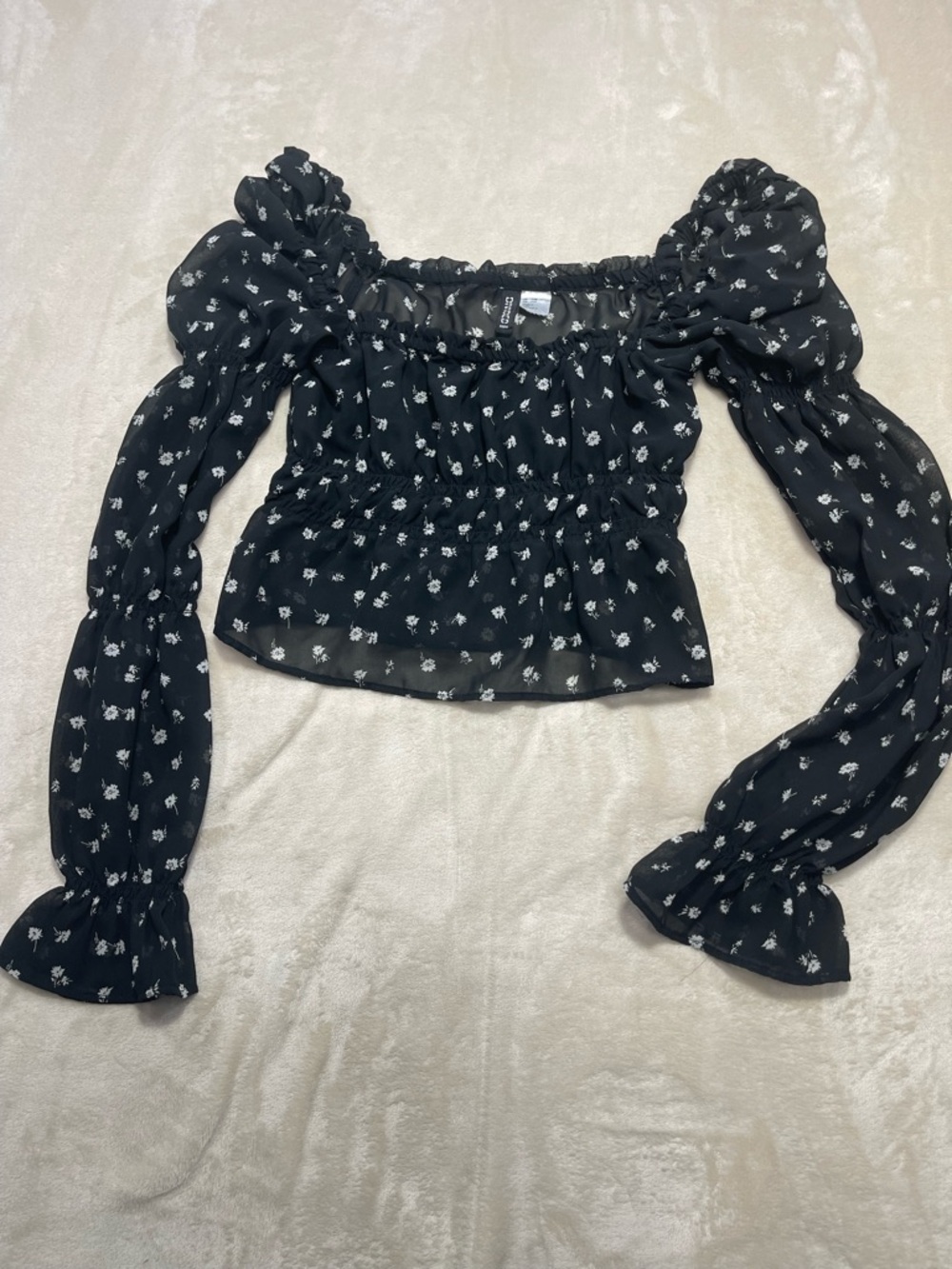 H&M Divided Black Floral Peasant Top Puff Sleeve Cottagecore XXS